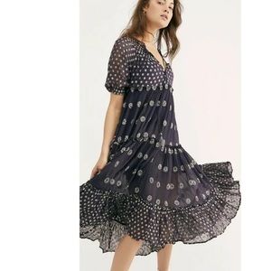 Free People Stelle Embroidery Metallic Floral Tiered Sheer CrepeMaxi Dress L-XL?